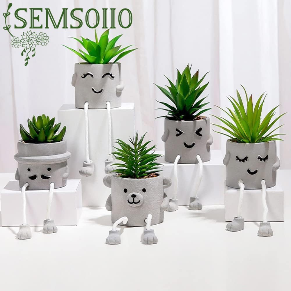 3 Pcs Aesthetic Faux Succulents with Dangling Legs,Small Fake Plants in Face Pots,Kawaii Shelf Sitters, Unique Office Gifts for Women and Coworkers,Grey
