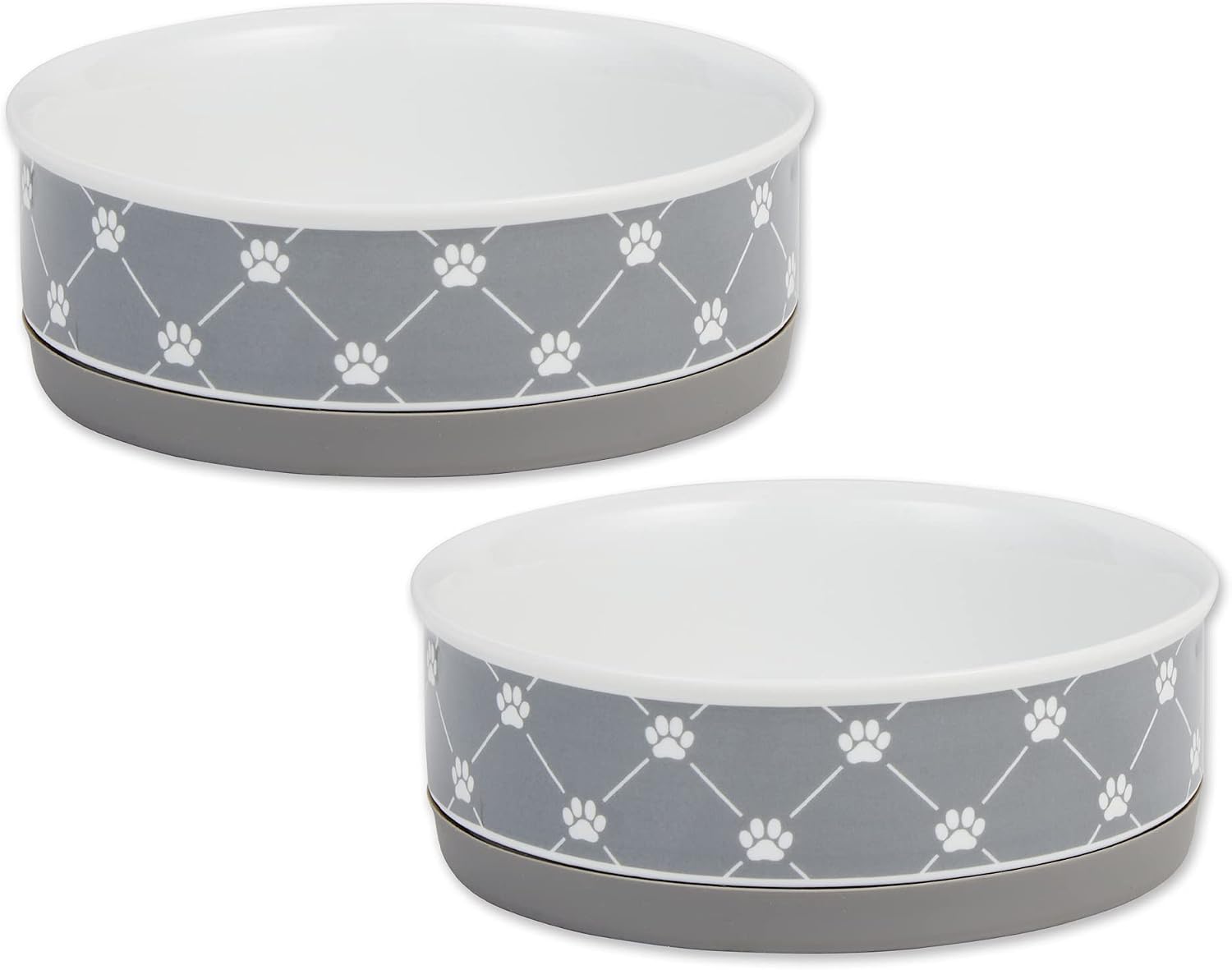 Bone Dry Trellis Paw Print Pet Bowl Set Microwave & Dishwasher Safe, Non-Slip Silicone Bottom for Less Mess, Medium 6x2, Gray, 2 Count