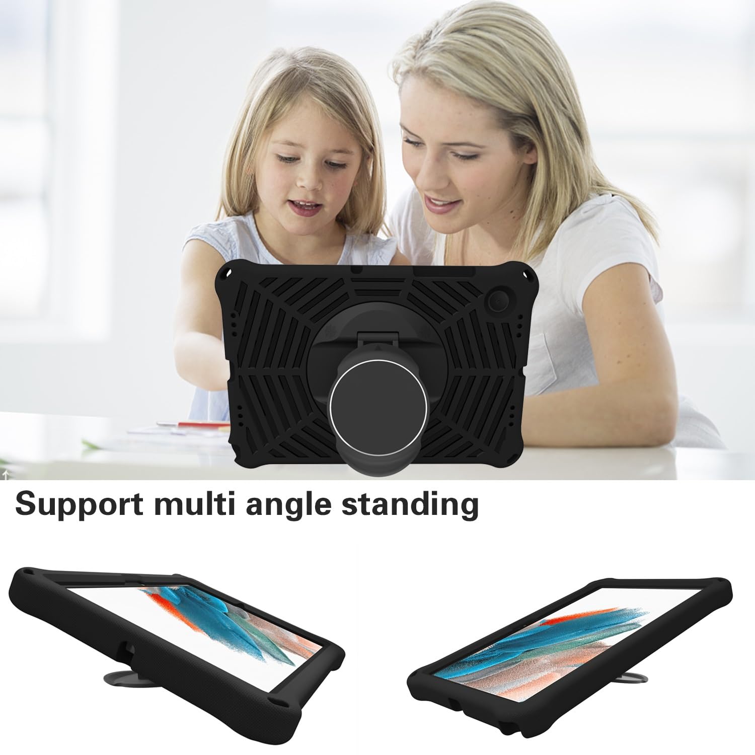 Funda protectora completa Compatible con Galaxy Tab A8 10.5 pulgadas X200/X205 (2021), funda protectora ligera a prueba de golpes con asa y soporte, funda protectora antideslizante.(Svart)