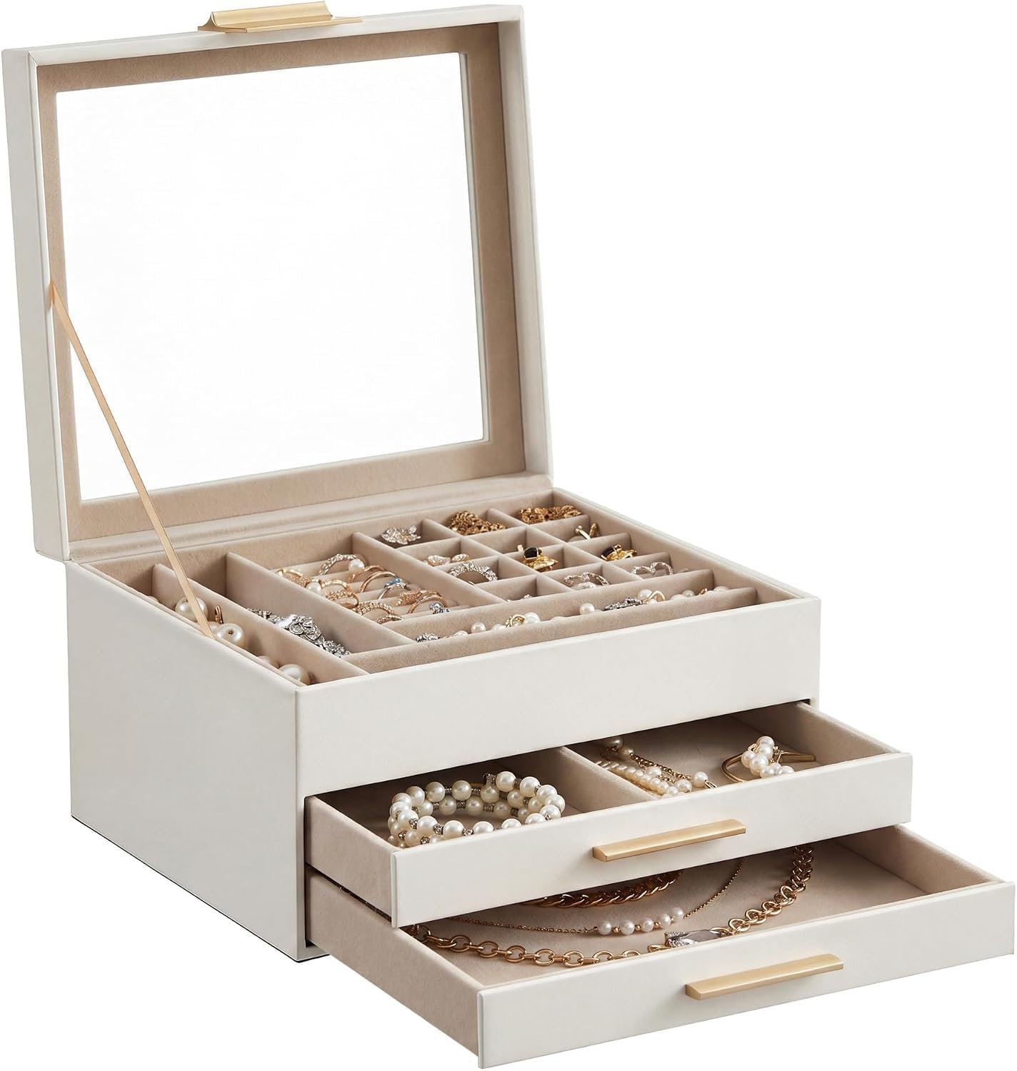 SONGMICS Jewellery Box with Glass Lid, 3-Layer Jewellery Storage Organiser with 2 Drawers, Plenty of Storage, Modern, Gift Idea, 20.3 x 23.1 x 13.5 cm, Cloud White and Gold JBC239WT