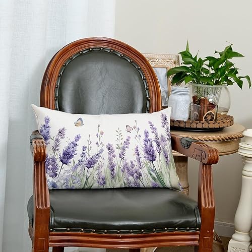 Miniatura 2 de AACORS Funda de almohada de primavera de 12 x 20 pulgadas, decoración de mariposa floral de lavanda, decoración de temporada para sofá (morado