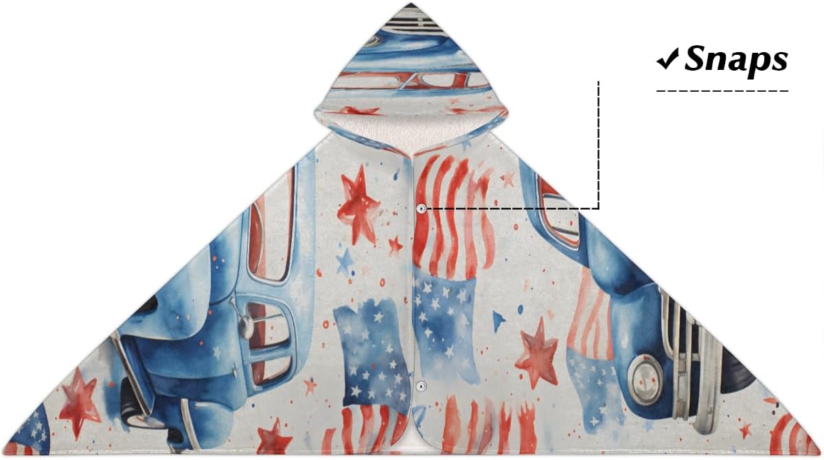 Kids Bath Towel 4th of July Car Beach Towel with Hood Pool Cover Up for Girls Boys Soft Absorbent Hooded Bath Towel Toddler Towels for Beach, Pool