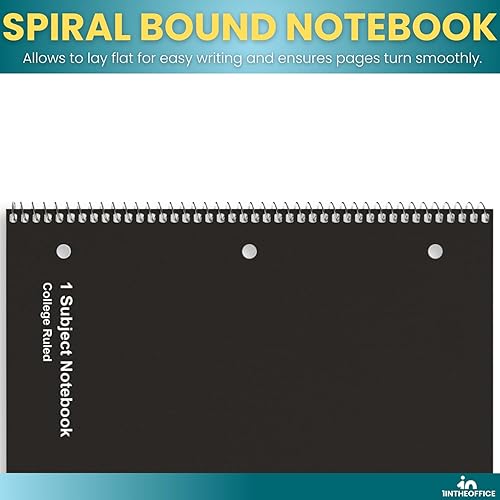 Miniatura 4 de 1InTheOffice Cuaderno espiral de 8.5 x 11 pulgadas, cuaderno de alambre con rayas universitarias de 1 materia, 70 hojas, negro, (paquete de 3)