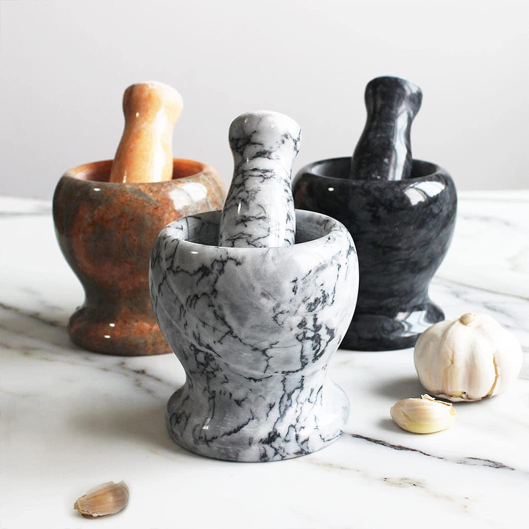 Small Marble Granite Mortar and Pestle Set,Stone Grinder Bowl for Guacamole, Salads, Crusher, Grind and Crush Spices and Nuts to Release Flavor White-M