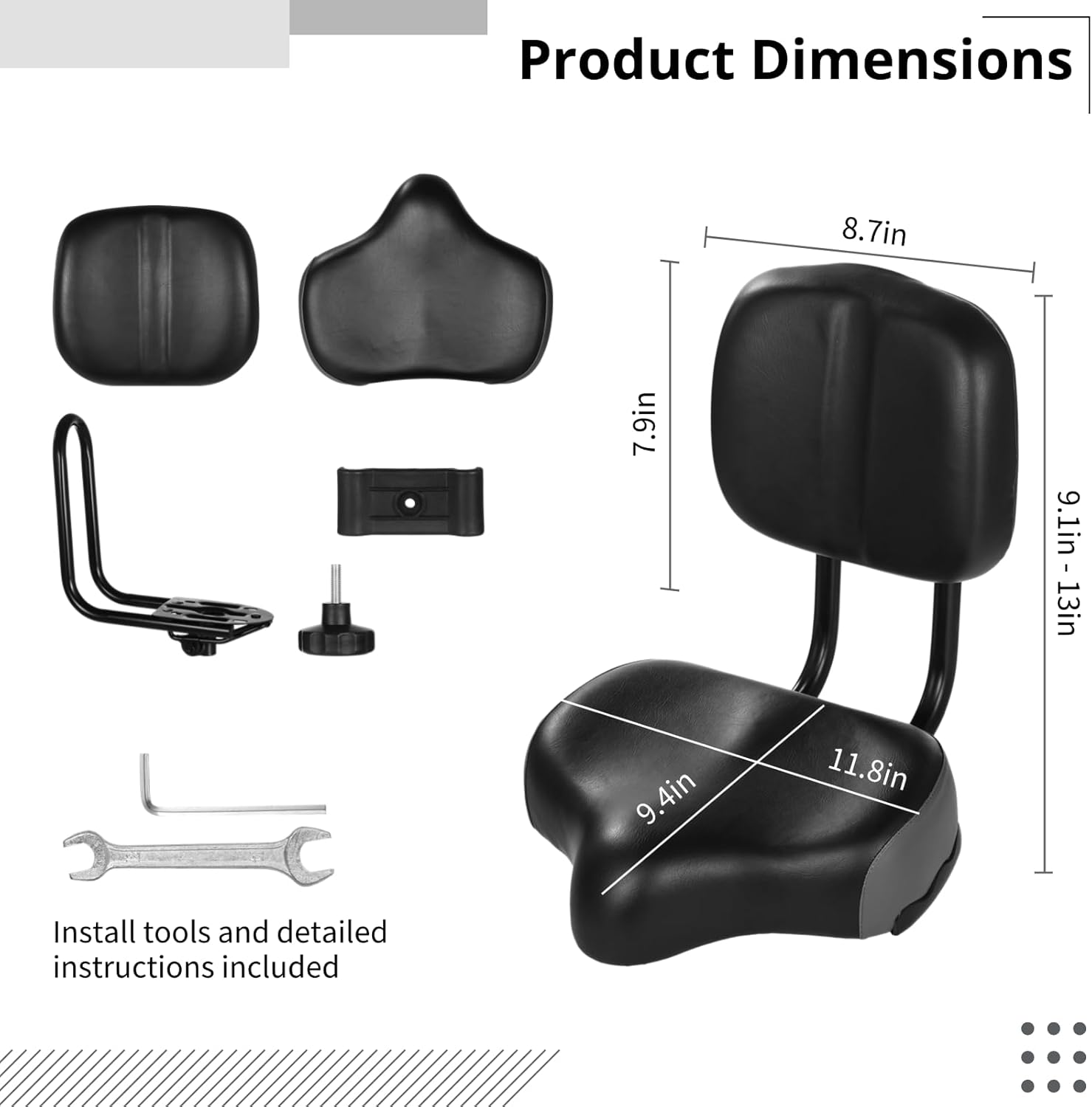 Bike Seat with Backrest - Oversized Bicycle Saddle with Back Support, Wide Bike Padded PU Cushion Saddle, Universal Saddle Replacement for Tricycle, Height Adjustable, Black-Gray