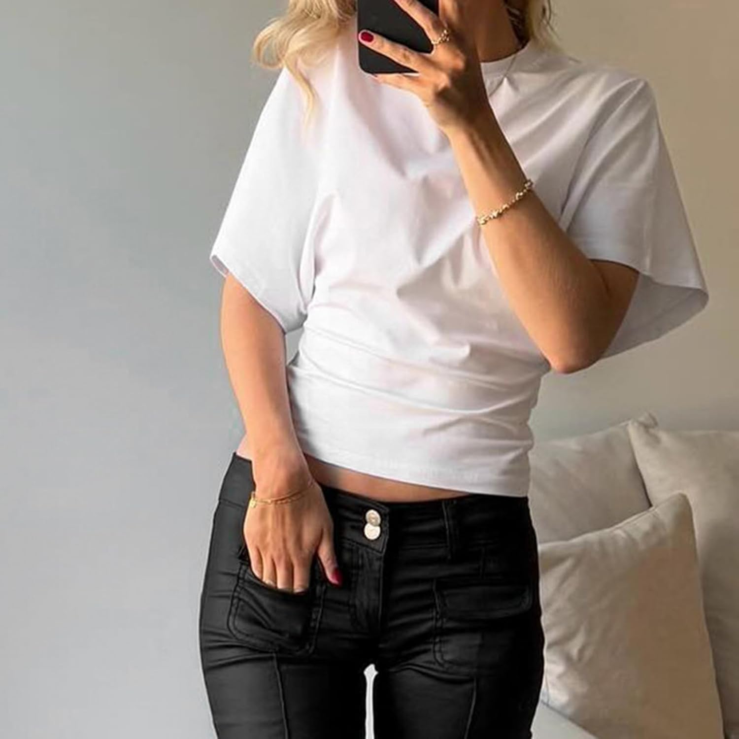 Y2k Cinched Waist Tops for Women Summer Dolman Sleeve Going Out Crop Top Trendy Cap Sleeve Wrap T Shirt - Image 2