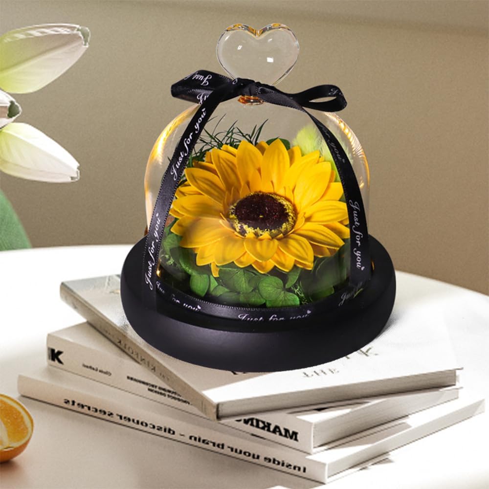 Sunflower Birthday Gift for Women Glass Cover with LED Light Strip for Mom Grandma Sister Wife Teacher Friend Artificial Flowers are for Teachers' Day Thanksgiving and Valentine's Day