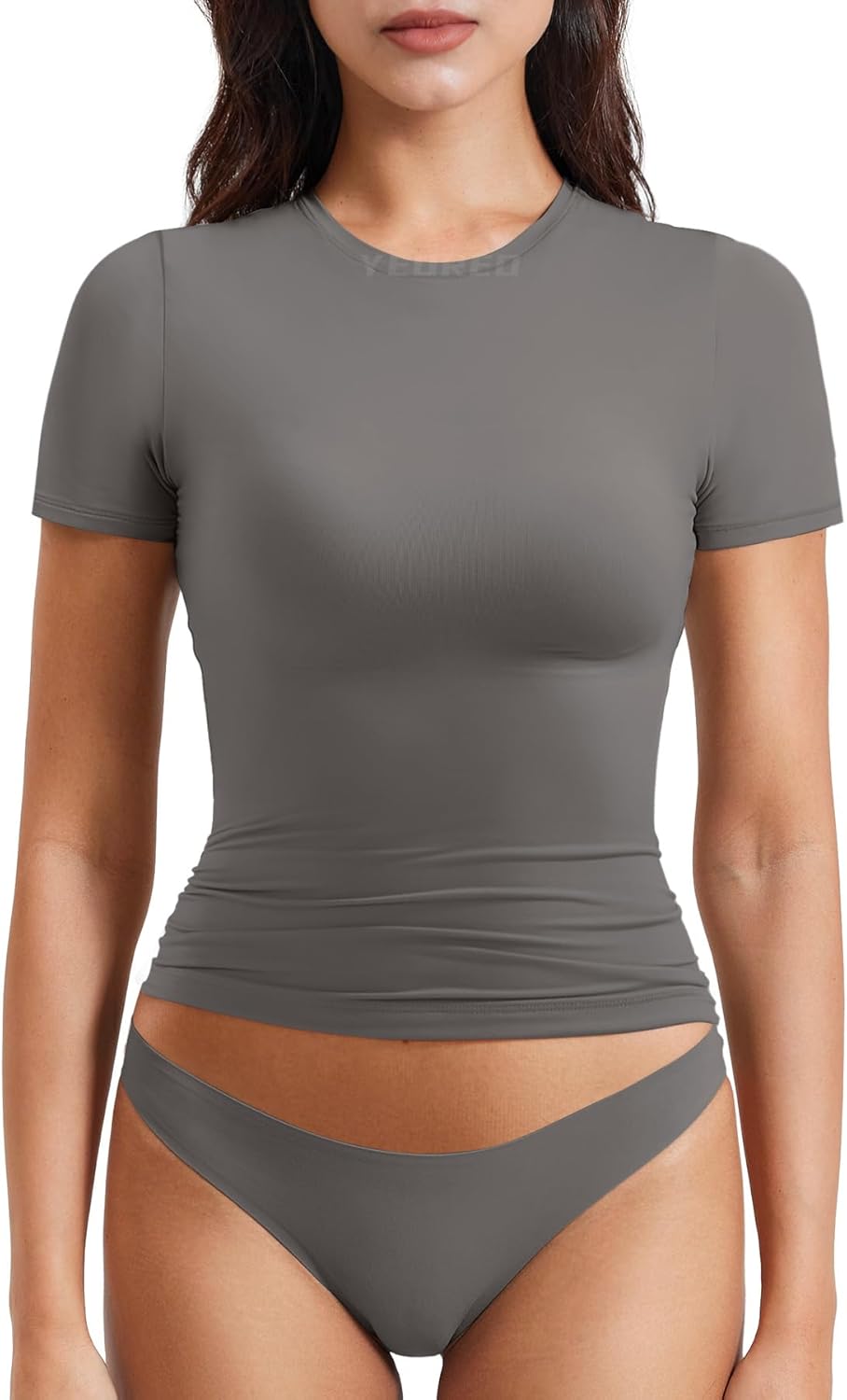 YEOREO Women Fitted Workout Tops Short Sleeve Double Lined Basic Y2K Going Out Crew Neck Compression Crop Top