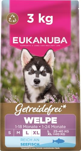 Eukanuba Welpenfutter getreidefrei mit Fisch für große Rassen, Premium Trockenfutter ohne Getreide für Junior Hunde, 3 kg