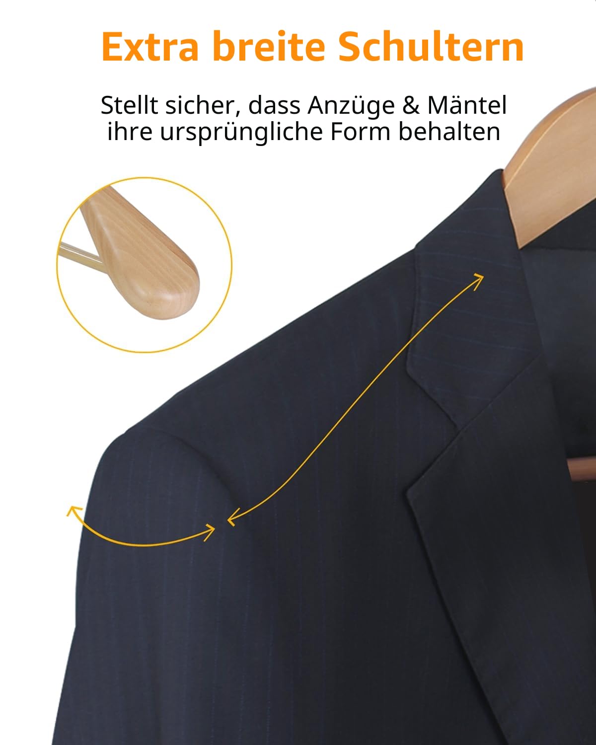 Kleiderbügel Holz 10 Stück – Breite Schulterbügel aus Naturholz, rutschfest & Stabil mit Hosenstange und 360° Drehbarem Haken, Anzugbügel für Jacken, Hemden & Mäntel