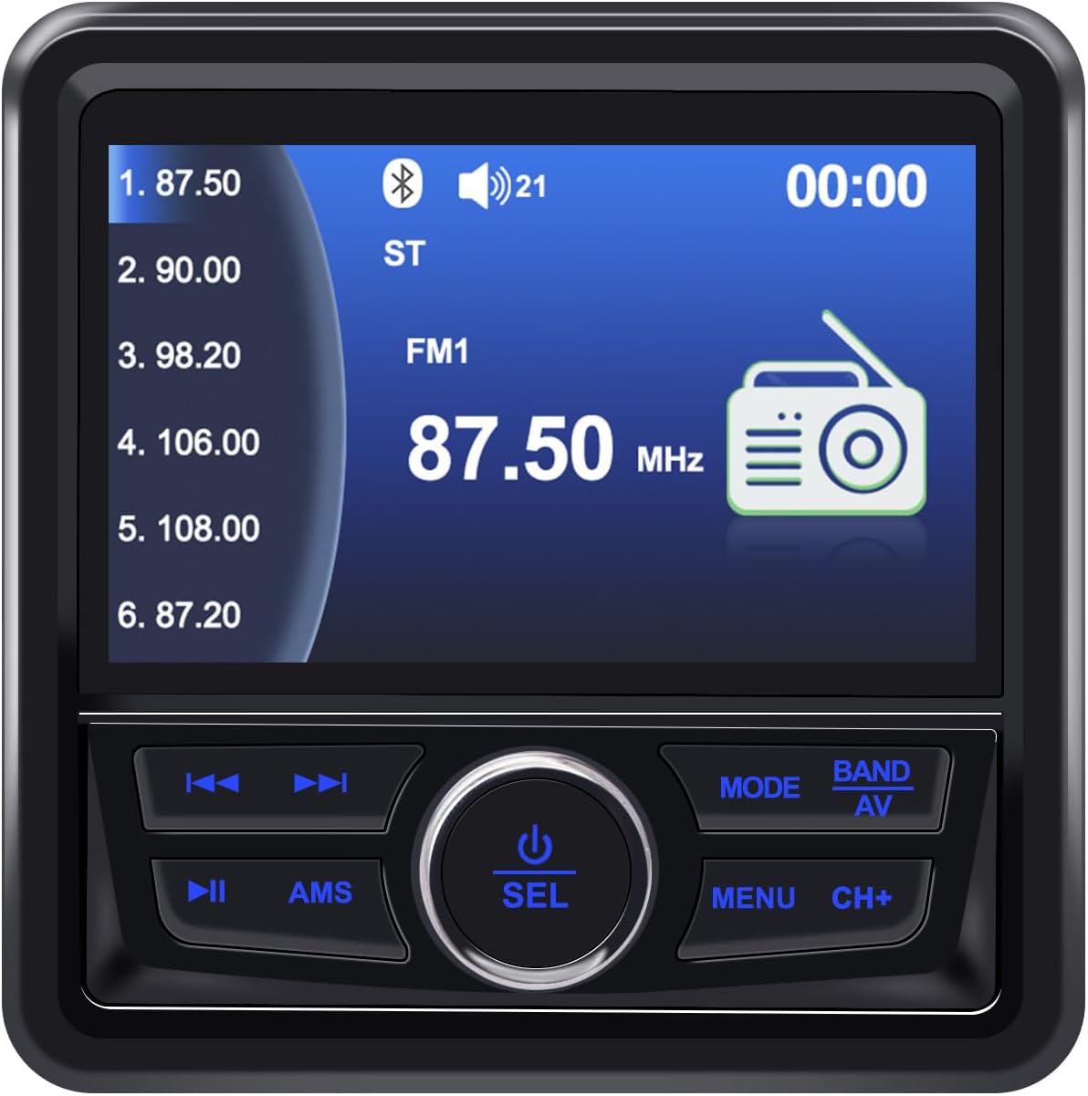 The Geloo Marine Stereo Radio Nautica display showing FM radio mode with frequency 87.50 MHz and a list of preset stations.