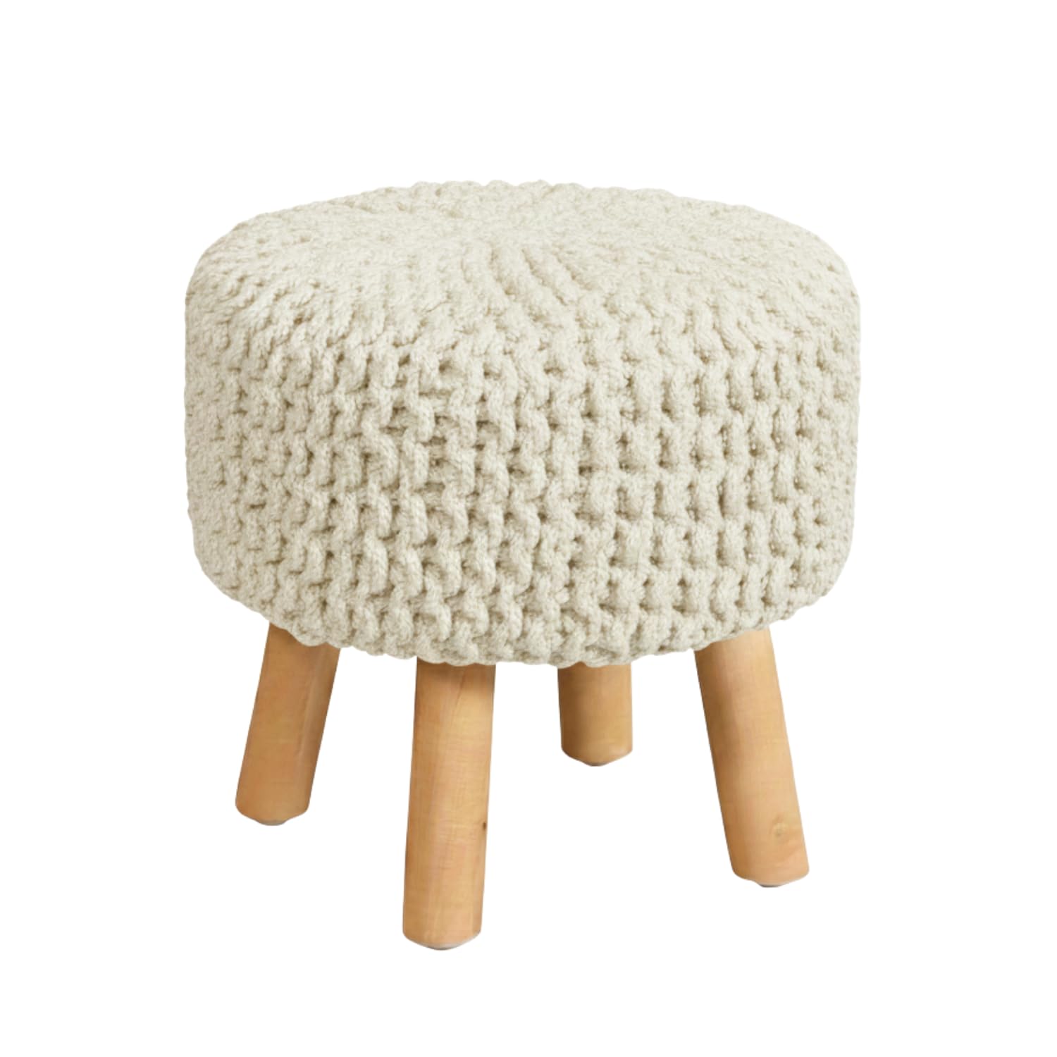 Dazzle Collection Knitted Round Ottoman Footstool with Wooden Legs 100% Cotton Knitted Pouffe Foot Rest Stool, Padded Seat, Non-Slip Base for Living Room, Bedroom & Lounge Furniture (Cream)