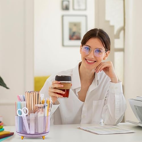 Miniatura 7 de SKYDUE Soporte giratorio para lápices, organizador de bolígrafos con 5 ranuras, organizador de escritorio estético y accesorios para la escuela, el