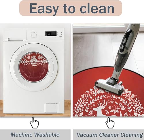 Miniatura 5 de Christmas Red Reindeer Bells And Snowflakes (4) Round Area Rug 3ft Machine Washable Circular Rugs For Dining Room Table Bedroom Playroom Throw Rugs