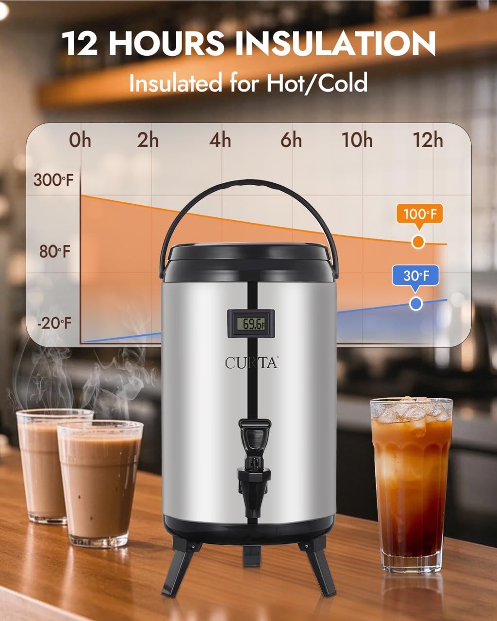 Dispensador de bebidas aislado de acero inoxidable, dispensador térmico de bebidas de café caliente y frío con espiga para agua caliente, té y café, leche fría, jugo y más, verde azulado, 10 litros