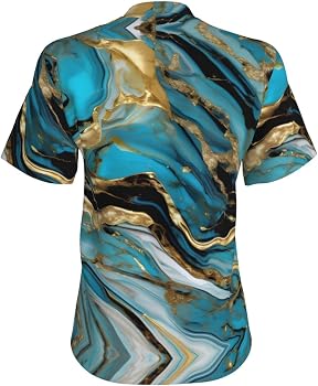 Turquoise Blue Gold Marble Print Short Sleeve Tshirt Tops for