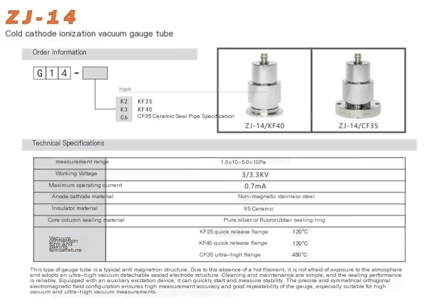 Ionization Gauge Cold Cathode ionization Vacuum Gauge ZJ-14(ZJ-14 CF35)