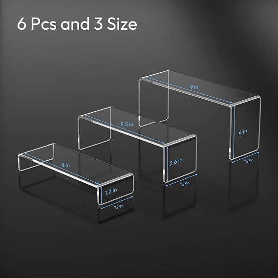 AITEE Clear Acrylic Display Risers: 2 Sets Tiered Display Stand for POP Figures Display, Jewelry Display Riser, Cupcakes Sweet Display Holder Stand, Retail Displays Bridge Showcase - 9x8.5x8