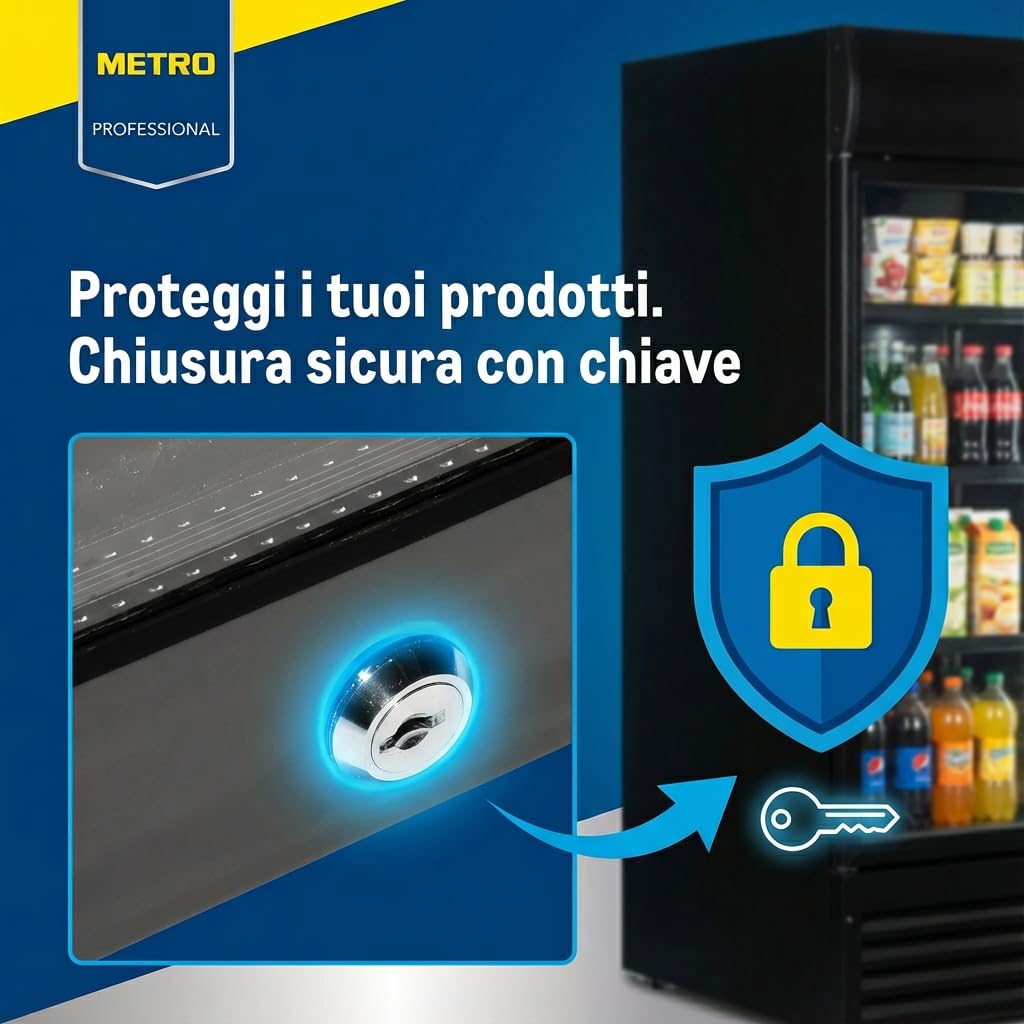 METRO Professional Frigorifero per Bevande GSC4240 con Porta in Vetro, 237 L, 110 W, 220-240 V, Illuminazione a LED, 6 Ripiani Regolabili, con Serratura