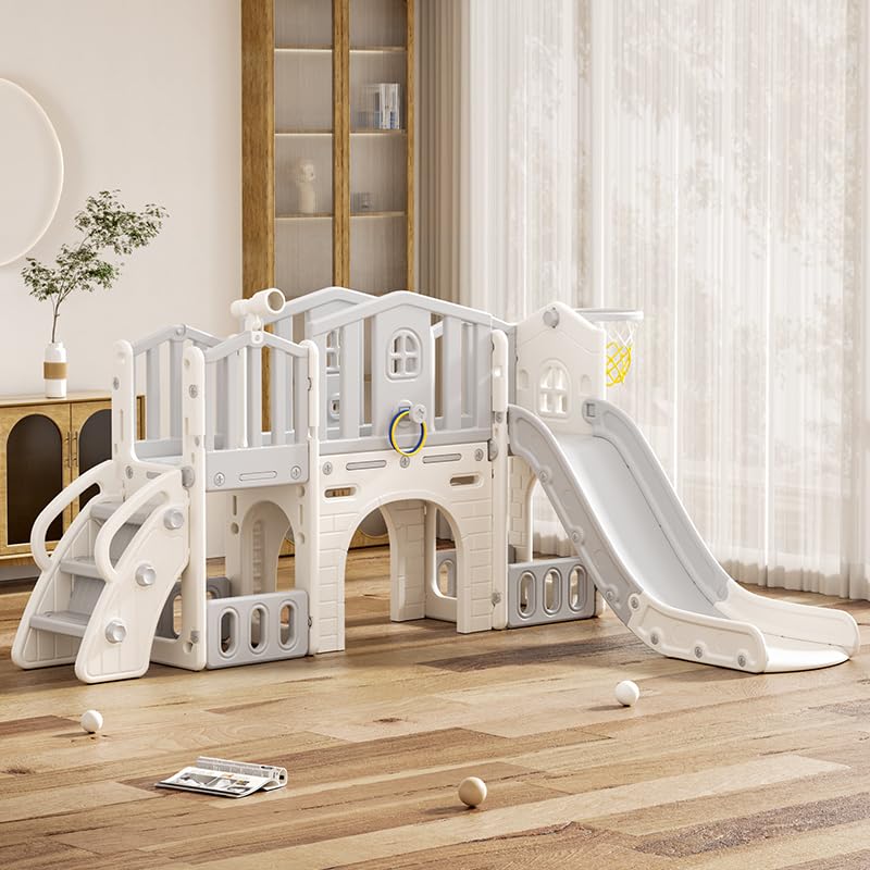 KORIMEFA Toddler Slide Set, 8 in 1 Kids Slide, Indoor Outdoor Slide for Toddlers Age 1-3, Toddler Playset with Basketball Hoop and Tunnel, Toddler