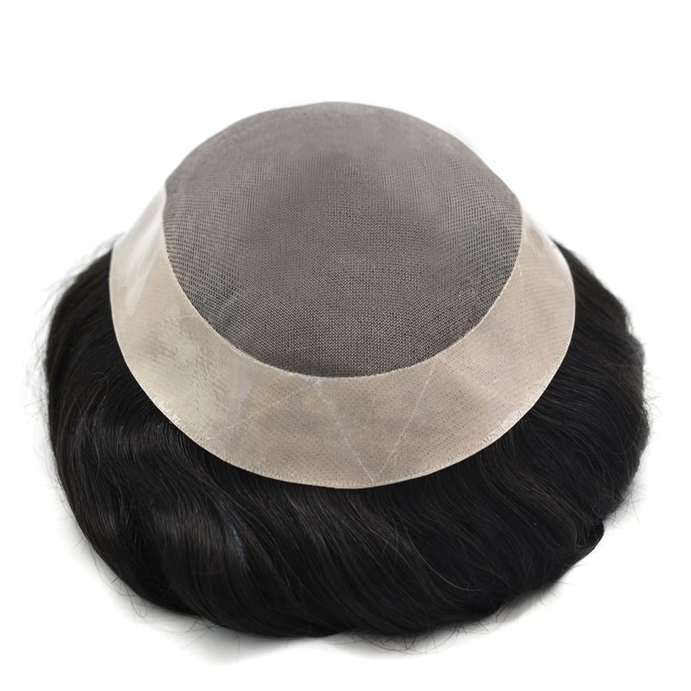 Mens Toupee Wigs Hair System for Men Human Hair Piece Replacement Fine Mono Mens Hair Unit Poly Skin Around Monofilament Toupee for Men (7''x9'', #1B Off Black-140% Medium to Med-heavy Density)