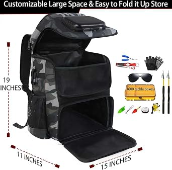 Fishing Backpack with Rod Holder, Large 50L Tackle Bag Water Resistant Tackle Backpack Heavy Duty Fishing Bag Gift for Men Woman
