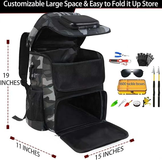 Fishing Backpack with Rod Holder, Large 50L Tackle Bag Water Resistant Tackle Backpack Heavy Duty Fishing Bag Gift for Men Woman