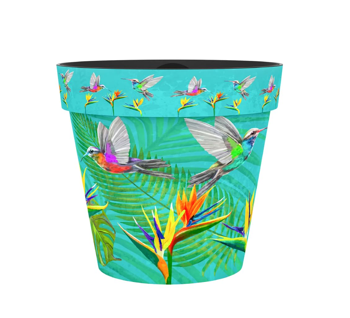 Muddy Hands Zest Decorative Plant Pot for Indoor & Outdoor Use, Lightweight 100% Recycled Plastic Flower Planter, Frost Proof, UV Resistant, Waterproof Printed Design, Humming Bird, 1.9 Litre