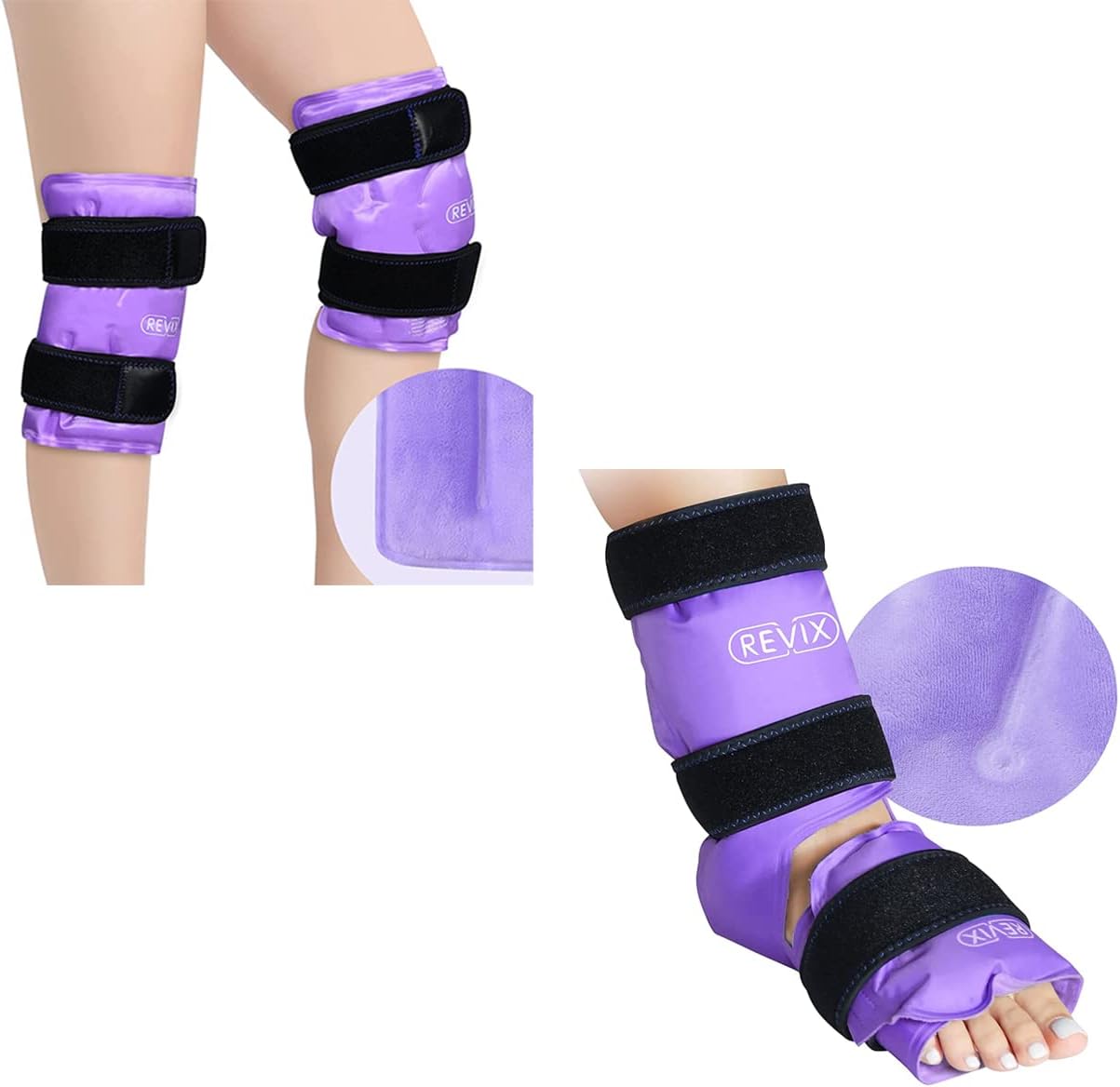 REVIX Knee Ice Pack & Ankle Ice Pack Wrap for Injuries, eniscus and Chronic Knee Pain Relief, Soft Plush Cover and Hands-Free Application, Purple