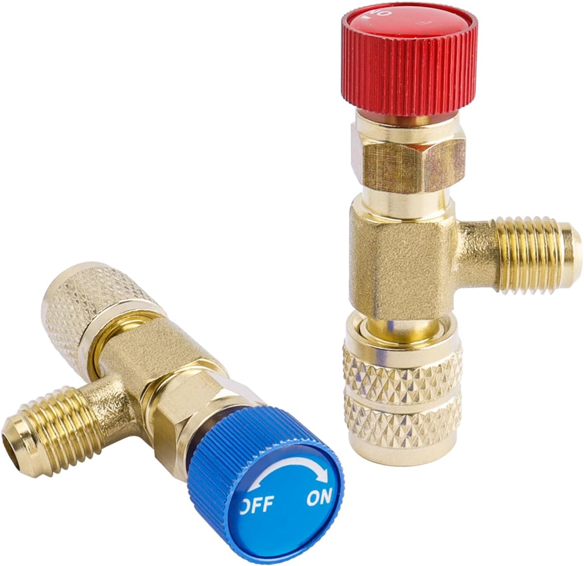 Wolfride 2Pcs Refrigerant Charging Valve Set, Brass Low Loss HVAC Fittings, 1/4" & 5/16" Safety Adapter Flow Control Ball Valve for R22 R410 Air Conditioner Manifold Maintenance Tools