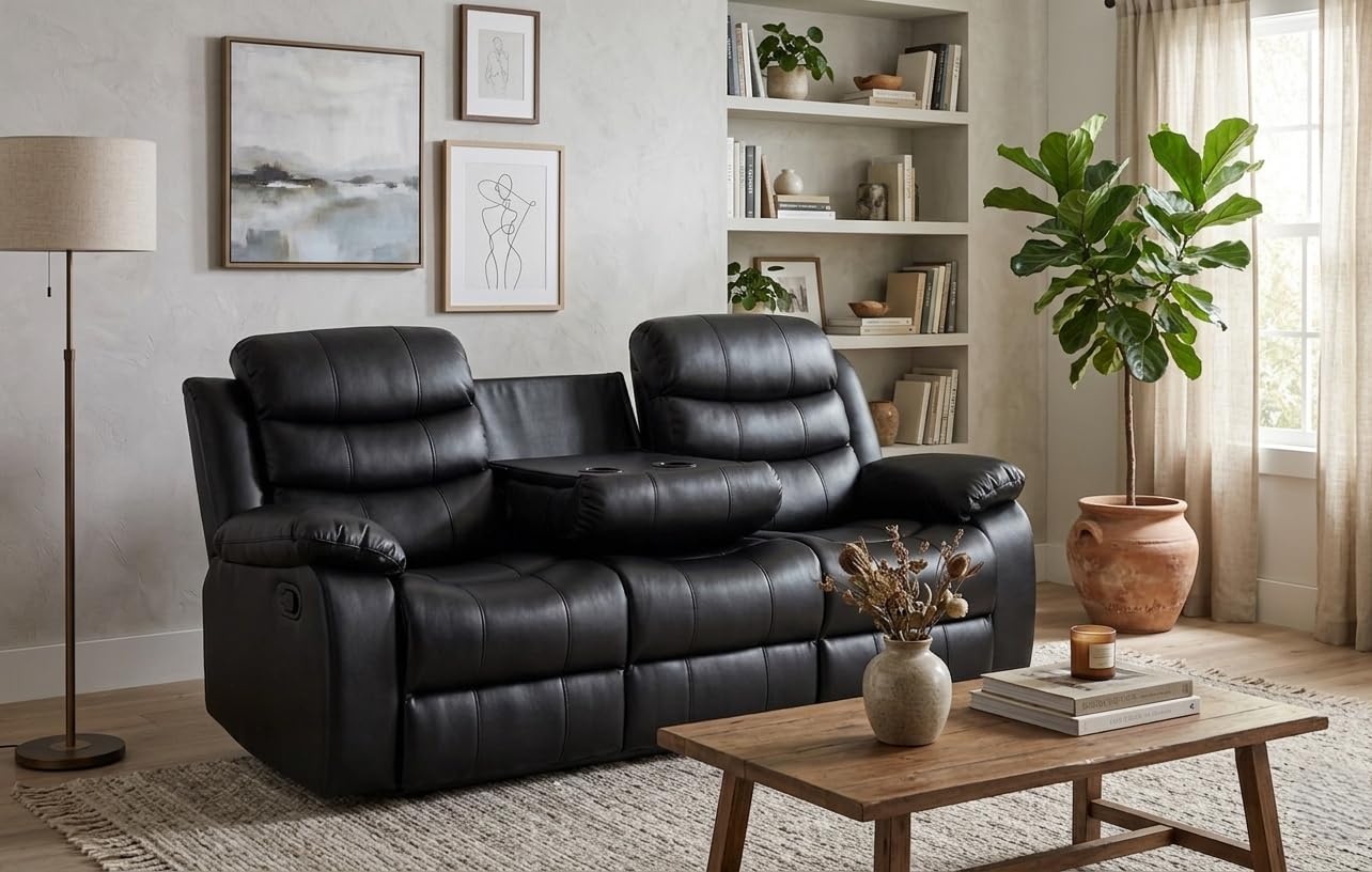 Divano Reclinabile 3 Posti in Pelle Nera con Portabicchieri – Sofà Relax Moderno con Sedili Reclinabili e Comfort Imbottito – 200 × 90 × 90 cm