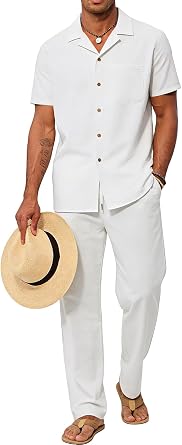 Mens 2 Piece Outfit Summer Beach Button Down Shirt Casual Loose Pant Sets