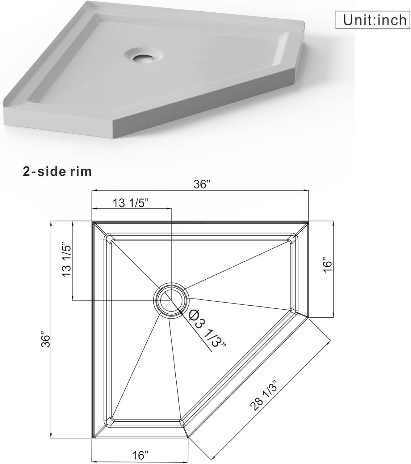 KEIKI 36" x 36" x 3.4" Corner Drain Neo-Angle Shower Base, Premium Acrylic and ABS Construction, Pre-Leveled Design for Easy Installation, Fits 2-Wall Corner, White