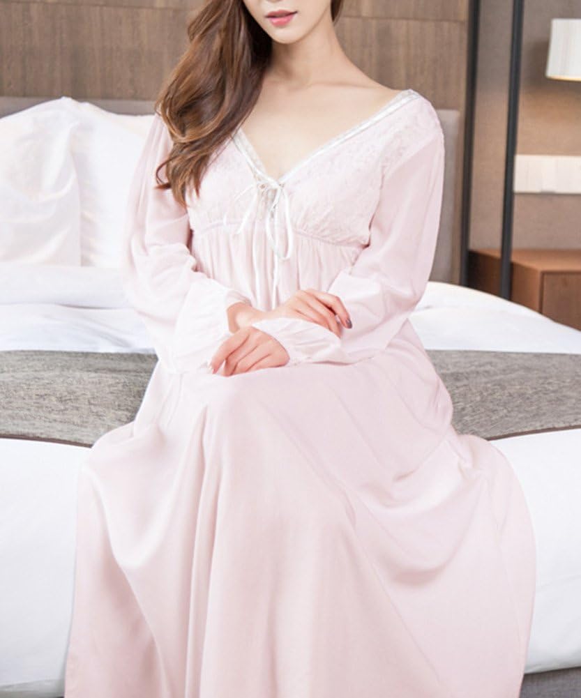 Women's Long Short Sleeve Vintage Lace V Neck Nightgown Cotton Sleepwear - Image 3