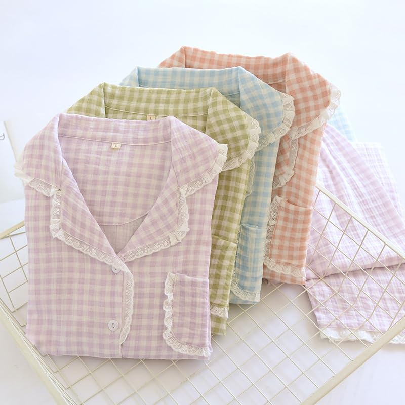 Womens Cotton Gauze Pajama Set Plaid Lace Trim Long Sleeve Tops Pants 2 Piece Loungewear Gingham Pj Sets - Image 6