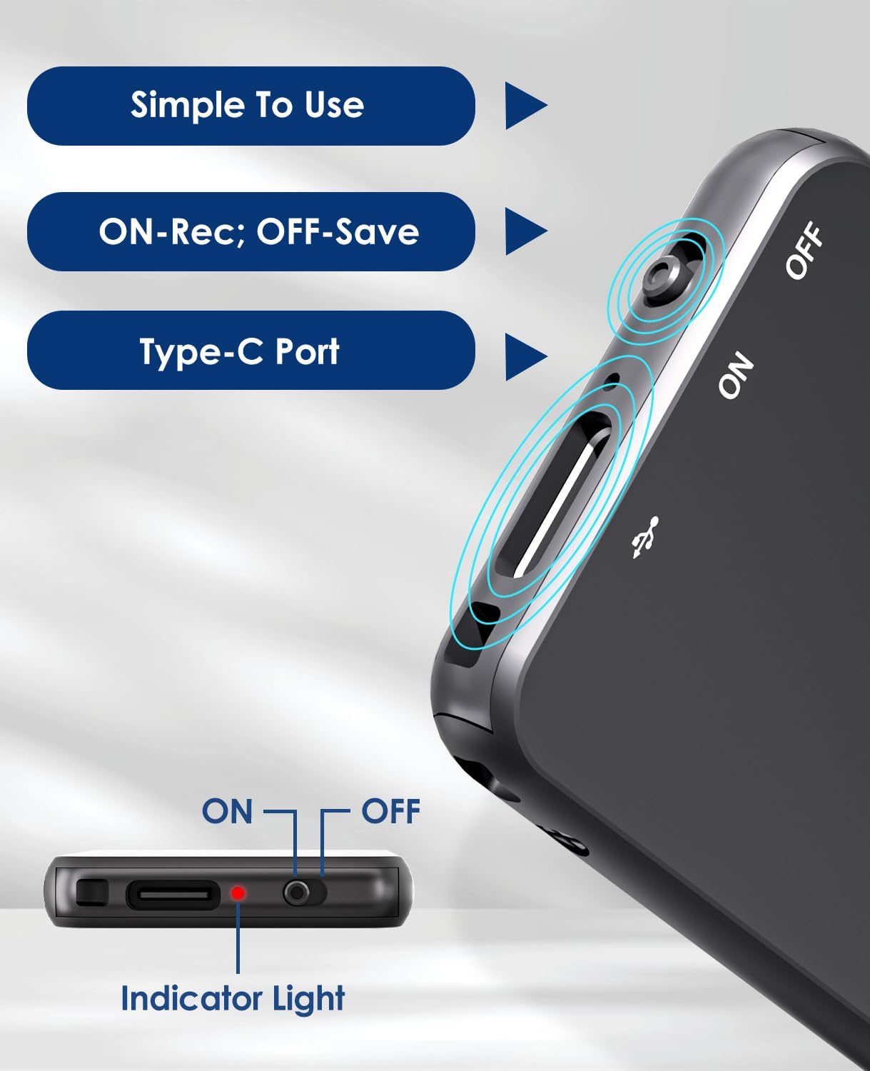 Close-up of the Vormooi V15 Voice Recorder showing the ON/OFF switch, Type-C port, and indicator light.