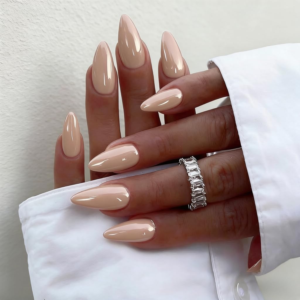 SXVME Chrome Press on Nails Almond, Sky Blue Fake Nails Medium with a Glazed Mirror Finish, Shimmer Chrome Nails Press ons, Stiletto Gel Glue on Nails for Women Decoration 24 Pcs