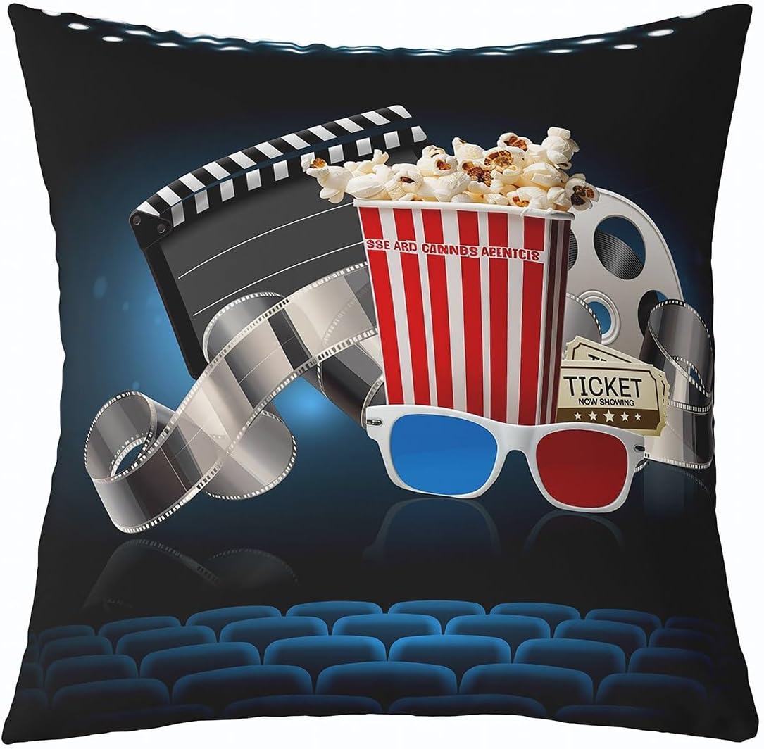 Erosebridal Set of 4 Movie Theater Theme Throw Pillow Covers Vintage Cinema Ticket Throw Pillows Covers,Popcorn Cola 18 x 18 Pillow Insert Vintage Filmstrip Cushion Cases(Inserts Not Included)