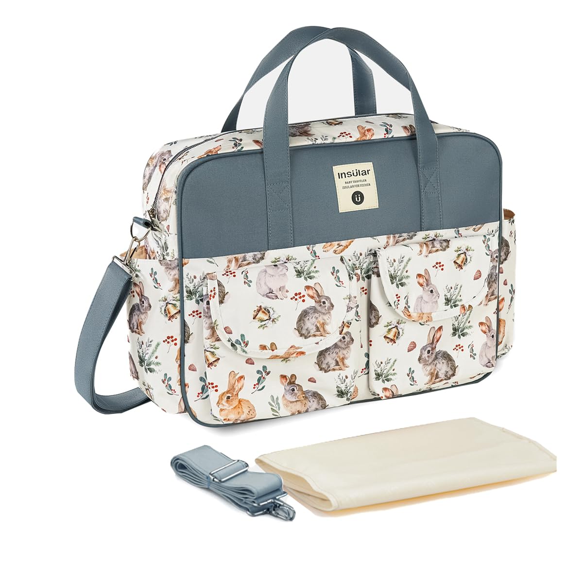 SONARIN Large Capacity Multifunctional Baby Nappy Changing Tote Bag,Waterproof Baby Changing Bag Satchel Messenger Bag Travel Diaper Bag with Shoulder Strap & Changing Mat(Christmas Bunny)