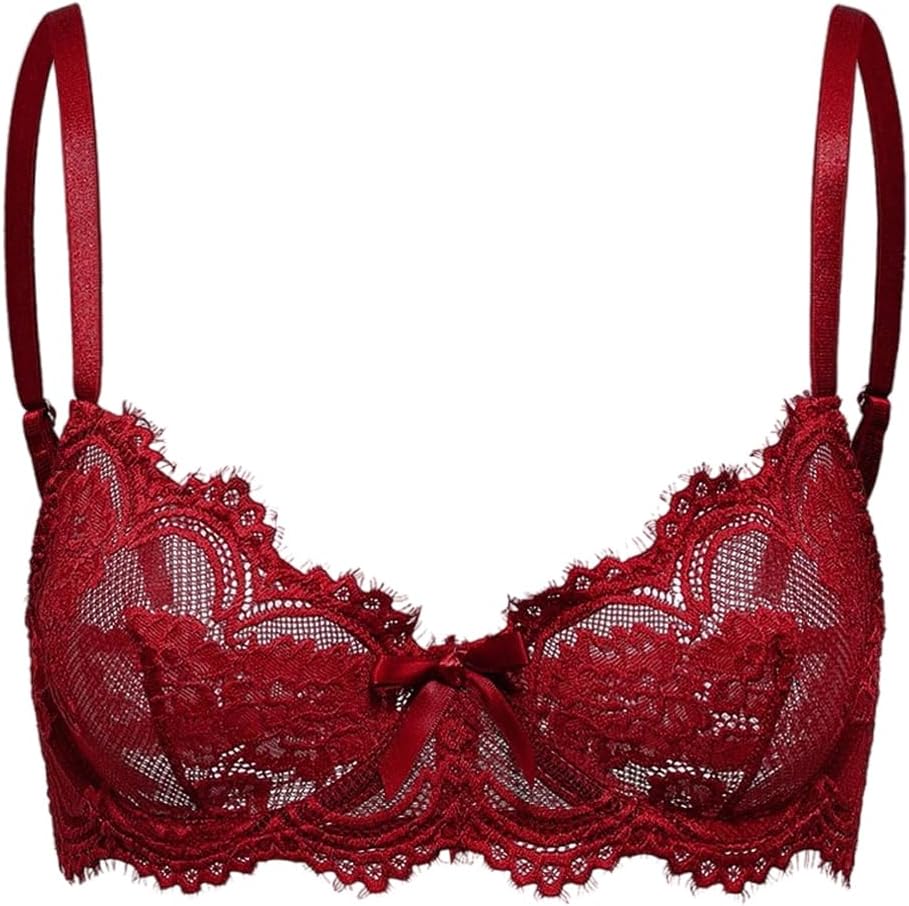 SHENHE Women's Lace Balconette Bra Underwire Push Up Unlined Sheer Bra