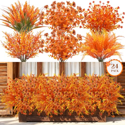 Der Rose 24Pcs Fall Flowers Fake Mums for Decoration Mixed Stems | Artificial fall flowers for outdoors with orange-yellow tones and mixed flower styles for porch, window box decor