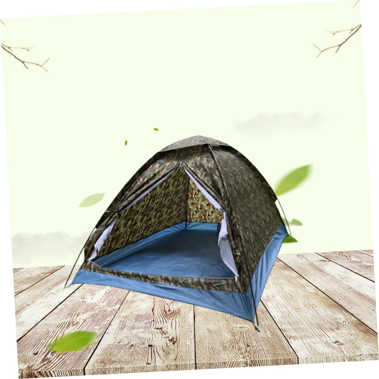 Camouflage Double Person Outdoor Camping Tent Single Layer with Mesh Door Ultra-Light Portable Beach Shelter for Hiking Picnic Fishing