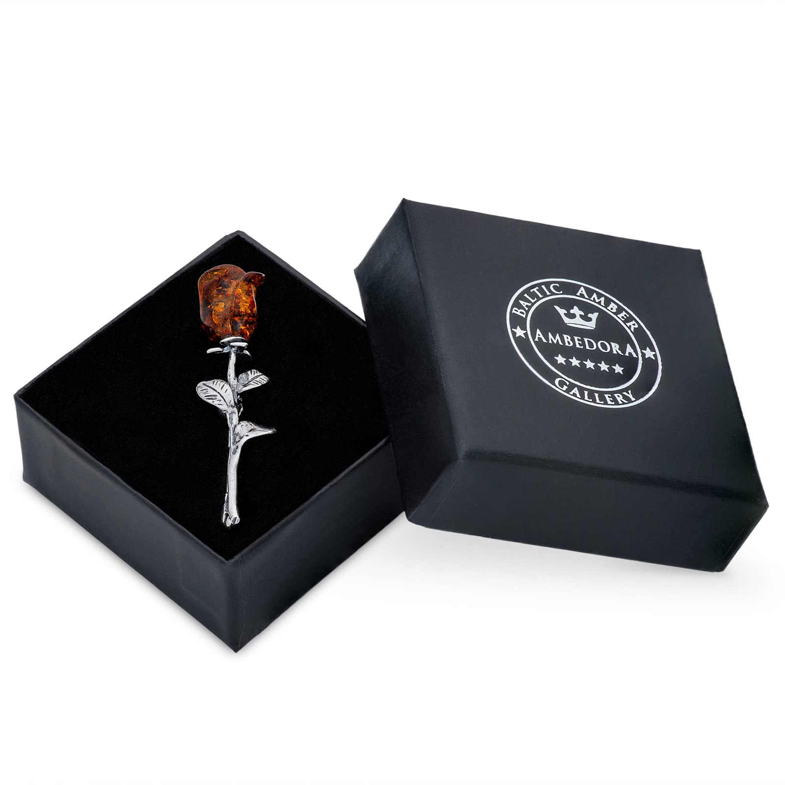 Broche para mujer, plata 925 oxidada, ámbar roslein tallado a mano, pequeño broche de plata con rosa ámbar en color coñac 2g, Plata esterlina, Ámbar