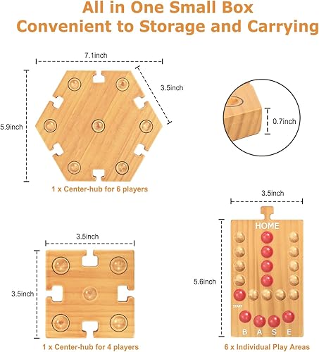 Miniatura 3 de plusvivo Juego de mesa de mármol, juego de mesa de madera para 4 y 6 jugadores, juego de mármol original portátil con 24 canicas, 12 dados para