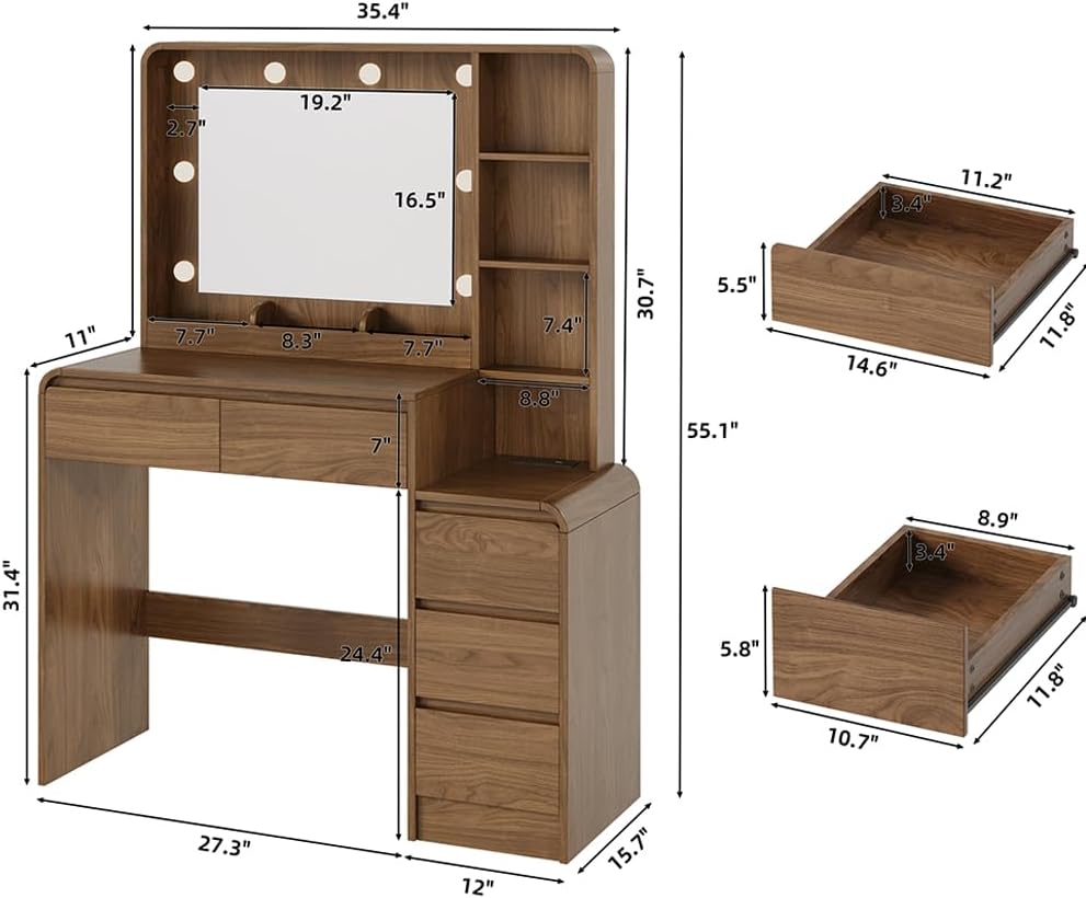  Vanity Table with Drawer Dresser, 39.3”Farmhouse Vanity Makeup Desk with Charging Station, Vanity Desk with Lights Mirror & 5 Drawers for Makeup, Vanity Desk with Multi Storage Shelves Walnut thumbnail