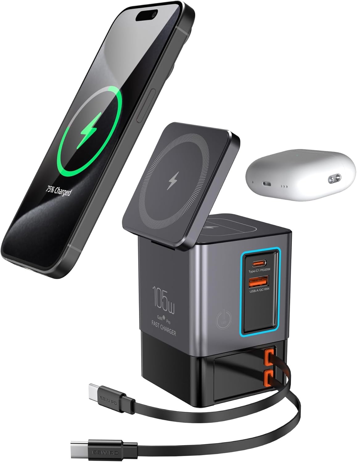 105W Charging Station–MagSafe Compatible,6-in-1 Charging Dock,Gan Retractable Charger with Dual 65W Cables,USB-C Fast Charging for iPhone, AirPods,Tablets.