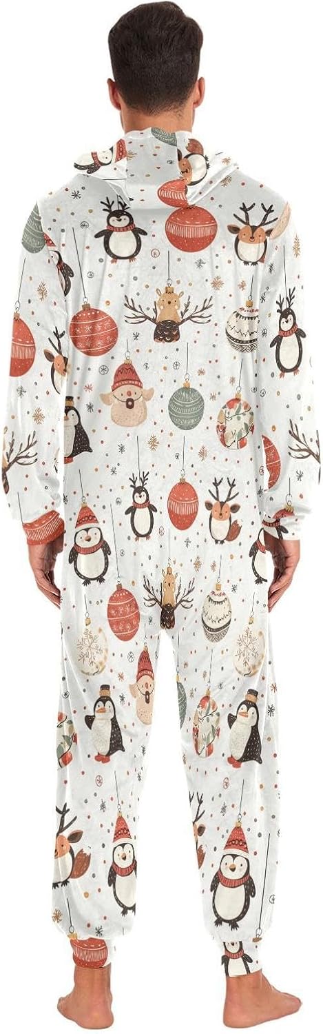 ZZKKO Christmas Animals Ball Adult Onesie Pajamas for Women Men Cozy One Piece Pajamas Costume Zip-Up Hooded S-XL