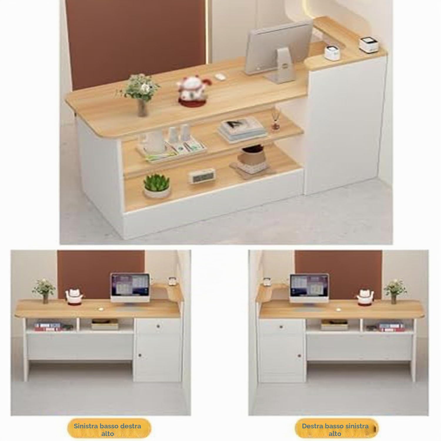 Bancone Cassa per Negozio Angolare, Cassa Reception per Parrucchieri, Banco di Reception Banchi di Ricevimento con Cassetti e Armadi,(Walnut/Left,140x100x45cm)