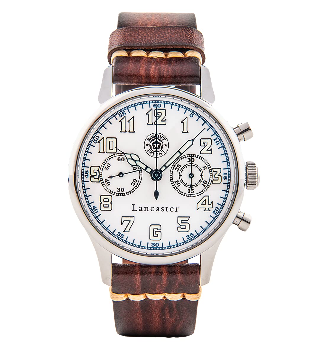 New Roskopf WW2 Lancaster Pilots Chronograph Manual Watch & Brown Leather Band
