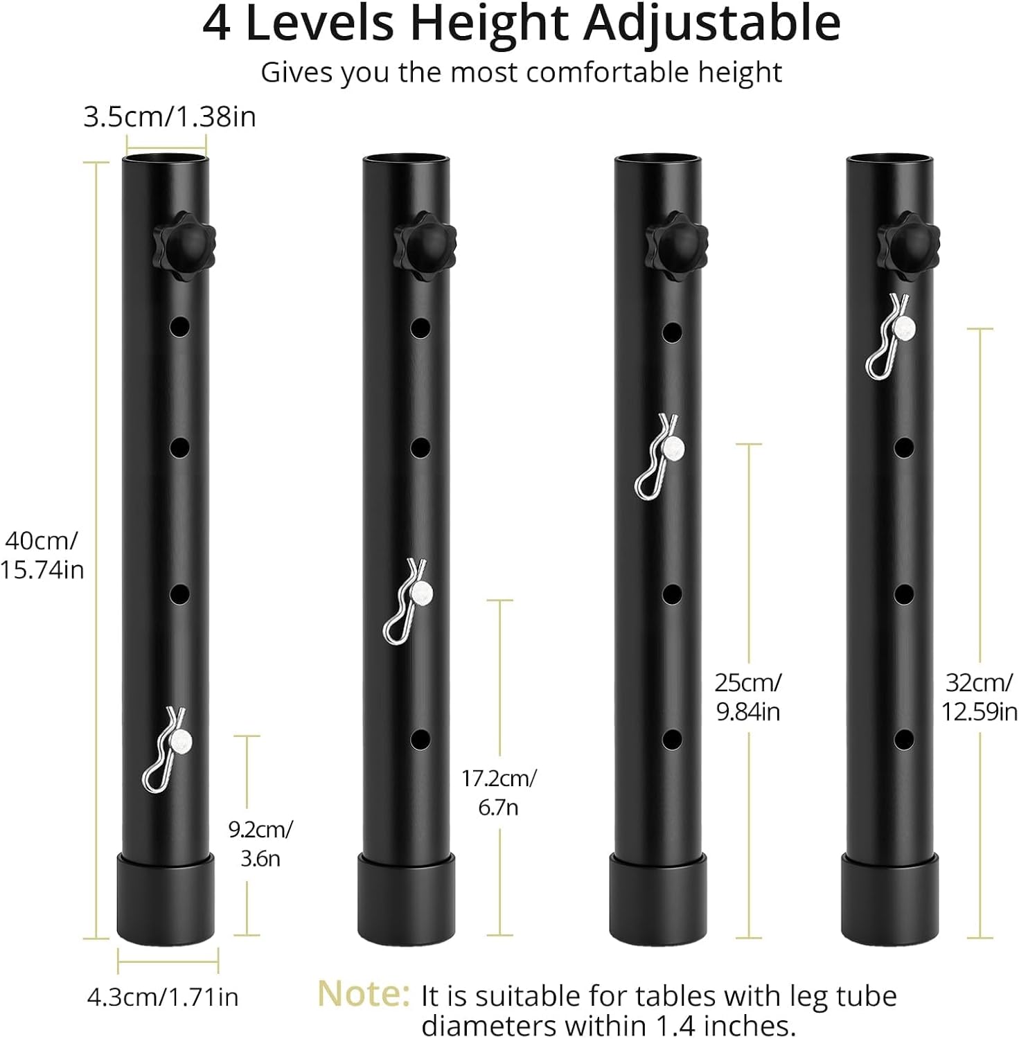 Anbte 4pcs Folding Table Leg Extenders, 4 Levels Adjustable Height Rise Up to 13 in, Heavy Duty Steel Table Risers for Straight and Bent Legs, Reduces Stooped Work, Black